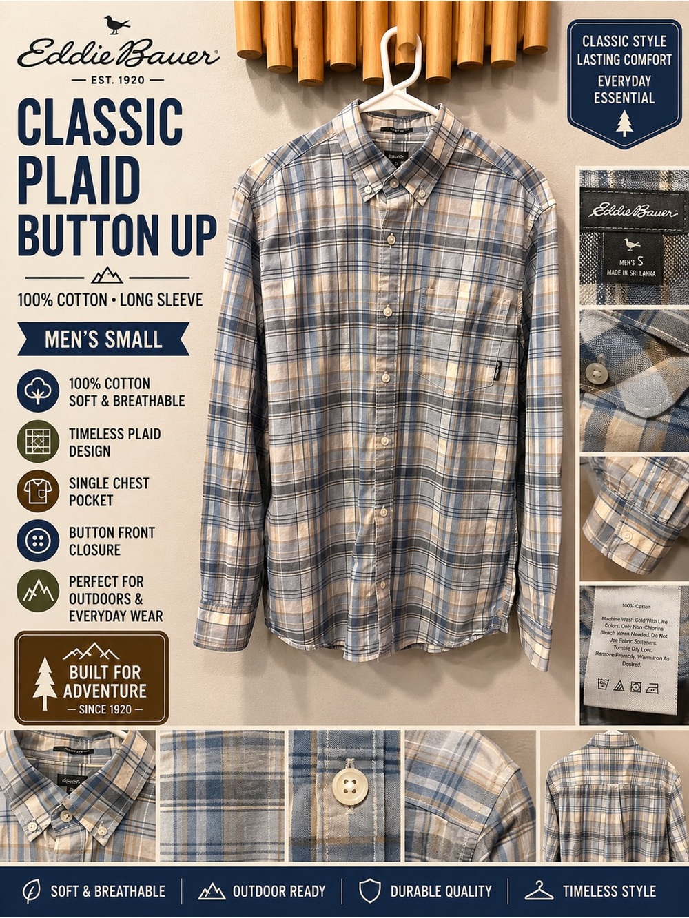 Eddie Bauer Men’s Small Classic Fit Blue Plaid Button Up Shirt Cotton